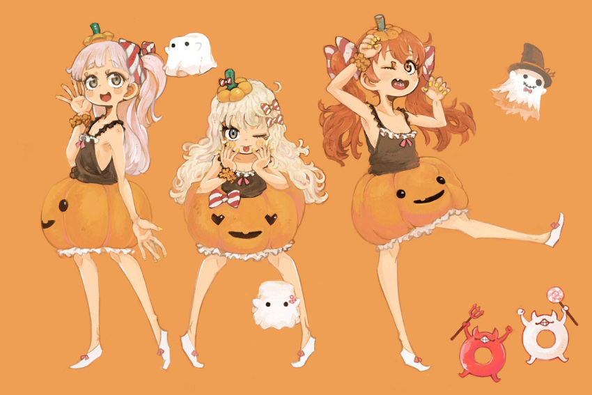3girls bangs black_shirt blonde_hair blunt_bangs brown_eyes brown_hair bubble_skirt commentary_request enemy_lifebuoy_(kantai_collection) fang fujinozu full_body ghost grecale_(kantai_collection) green_eyes hair_ornament hair_ribbon hairclip halloween halloween_costume hat jack-o'-lantern kantai_collection libeccio_(kantai_collection) long_hair looking_at_viewer maestrale_(kantai_collection) multiple_girls one_eye_closed one_side_up orange_background orange_hair orange_headwear orange_skirt pink_hair ponytail pumpkin pumpkin_skirt ribbon shirt silver_hair simple_background skirt standing tan tank_top tongue tongue_out twintails