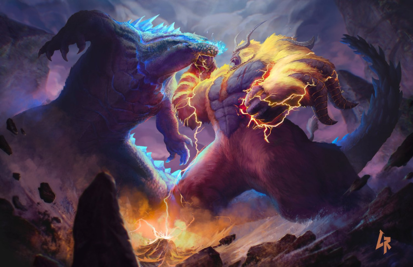 action animal ape battle blonde_hair charge_blade chipyray claws commentary creature crossover deviljho dinosaur dinosaur_tail dragon duel electricity english_commentary enraged_rajang fangs fighting full_body fur fusion giant giant_male giant_monster glowing godzilla godzilla:_king_of_the_monsters godzilla_(2014) godzilla_(legendary) godzilla_(series) godzilla_vs_kong gorilla horns insect_glaive jaw kaijuu king_kong king_kong_(character) kong:_skull_island male_focus monkey monster monster_hunter monster_hunter:_world monster_hunter_3 muscle no_humans open_mouth oversized_animal rajang red_eyes scales sharp_teeth sky solo spiked_helmet spikes spines standing tail teeth yellow_eyes