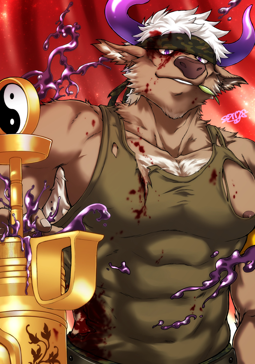 1boy animal_ears bara bare_arms bare_chest blood blood_on_face bloody_clothes camouflage chest chest_hair covered_abs covered_navel cow_boy cow_ears cow_horns furry green_tank_top headband highres holding holding_weapon horns injury male_focus muscle nipples oversized_object purple_horns serious shennong_(tokyo_afterschool_summoners) shirt short_hair sideburns solo syringe tank_top tokyo_houkago_summoners torn_clothes torn_shirt torn_tank_top upper_body violet_eyes weapon white_hair yanai_inaya yin_yang