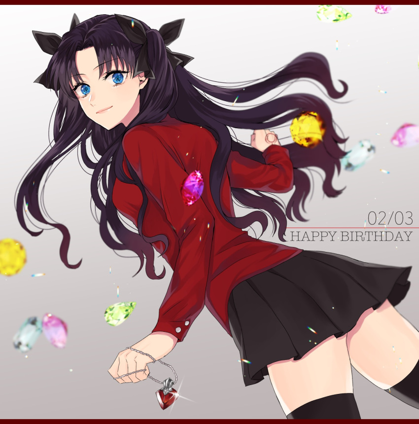 1girl black_bow black_hair black_legwear black_skirt blue_eyes bow closed_mouth cowboy_shot dutch_angle fate/stay_night fate_(series) floating_hair from_side gem gradient gradient_background grey_background hair_bow happy_birthday heart_pendant highres jewelry long_hair long_sleeves looking_at_viewer miniskirt pendant pleated_skirt red_shirt shimatori_(sanyyyy) shiny shiny_hair shirt skirt smile solo thigh-highs tohsaka_rin twintails very_long_hair