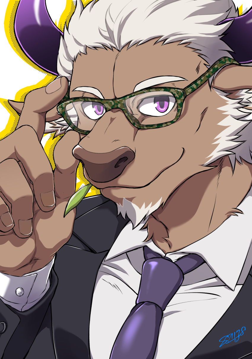1boy adjusting_eyewear alternate_costume animal_ears bara black_suit camouflage close-up cow_boy cow_ears cow_horns face formal furry glasses highres horns male_focus muscle necktie purple_horns shennong_(tokyo_afterschool_summoners) short_hair sideburns solo tokyo_houkago_summoners upper_body violet_eyes white_hair yanai_inaya