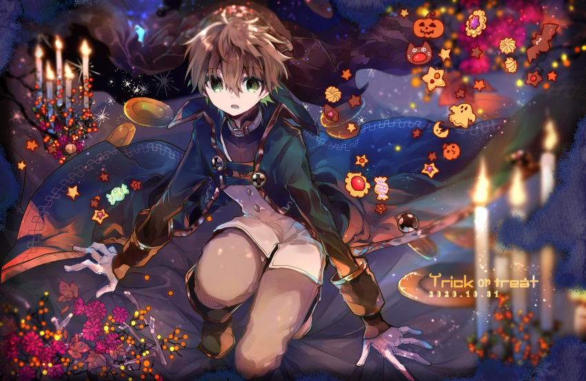 1girl :o blue_coat blurry blurry_foreground boots brown_hair brown_pants candle coat cyawa dated depth_of_field flower gloves green_eyes hair_between_eyes halloween highres leaf long_sleeves looking_at_viewer maple_leaf one_knee open_clothes open_coat original overalls pants red_flower solo trick_or_treat white_gloves