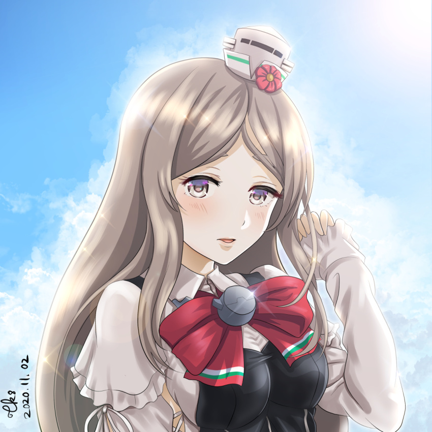 1girl blue_sky breasts brown_eyes clouds commentary_request corset grey_hair hat highres kantai_collection looking_at_viewer medium_breasts mini_hat parted_lips pola_(kantai_collection) shirt sky solo thick_eyebrows tilted_headwear tk8d32 upper_body wavy_hair white_shirt