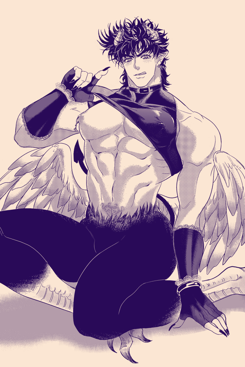 1boy abs alternate_costume alternate_design bara bare_shoulders blue_eyes blush chest feathered_wings full_body harpy harpy_boy highres horns jojo_no_kimyou_na_bouken joseph_joestar_(young) lifted_by_self looking_at_viewer male_focus medium_hair monochrome monster_boy monster_girl muscle navel nipples shirt_lift sideburns solo talons thick_thighs thighs wings xing_xiao