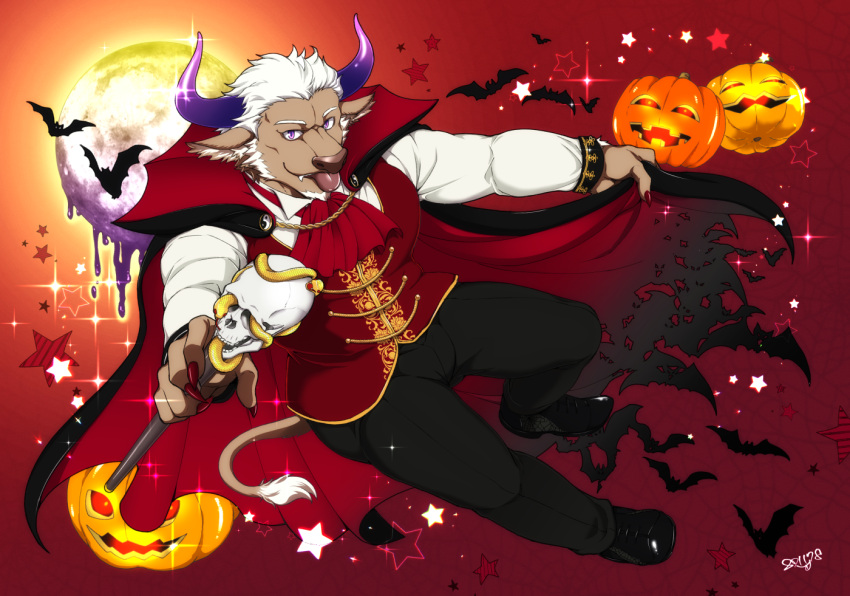 1boy :p alternate_costume animal_ears ass bara black_pants bulge chest cloak cow_boy cow_ears cow_horns cravat full_body furry halloween halloween_costume horns jack-o'-lantern male_focus muscle pants pumpkin pumpkin_hat purple_horns shennong_(tokyo_afterschool_summoners) short_hair sideburns skull solo staff thick_thighs thighs tight tokyo_houkago_summoners tongue tongue_out vampire_costume violet_eyes white_hair yanai_inaya