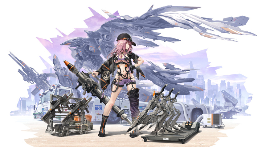 1girl absurdres alice_gear_aegis black_gloves boots choker garter_straps gloves gun hand_on_hip hat highres holding holding_gun holding_weapon logo looking_at_viewer mecha navel pinakes pink_hair revealing_clothes rocket_launcher short_shorts shorts simple_background single_thighhigh solo suspenders thigh-highs weapon yotsuya_yumi