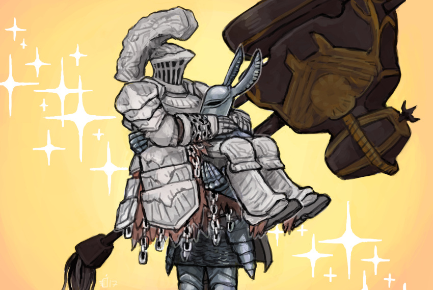 2boys armor boots carrying character_request commentary covered_face dark_souls dark_souls_iii emlan english_commentary faulds full_armor gauntlets greaves hammer havel_the_rock helmet huge_weapon multiple_boys princess_carry silver_knight_(dark_souls) silver_knight_ledo souls_(from_software) sparkle standing weapon yellow_background