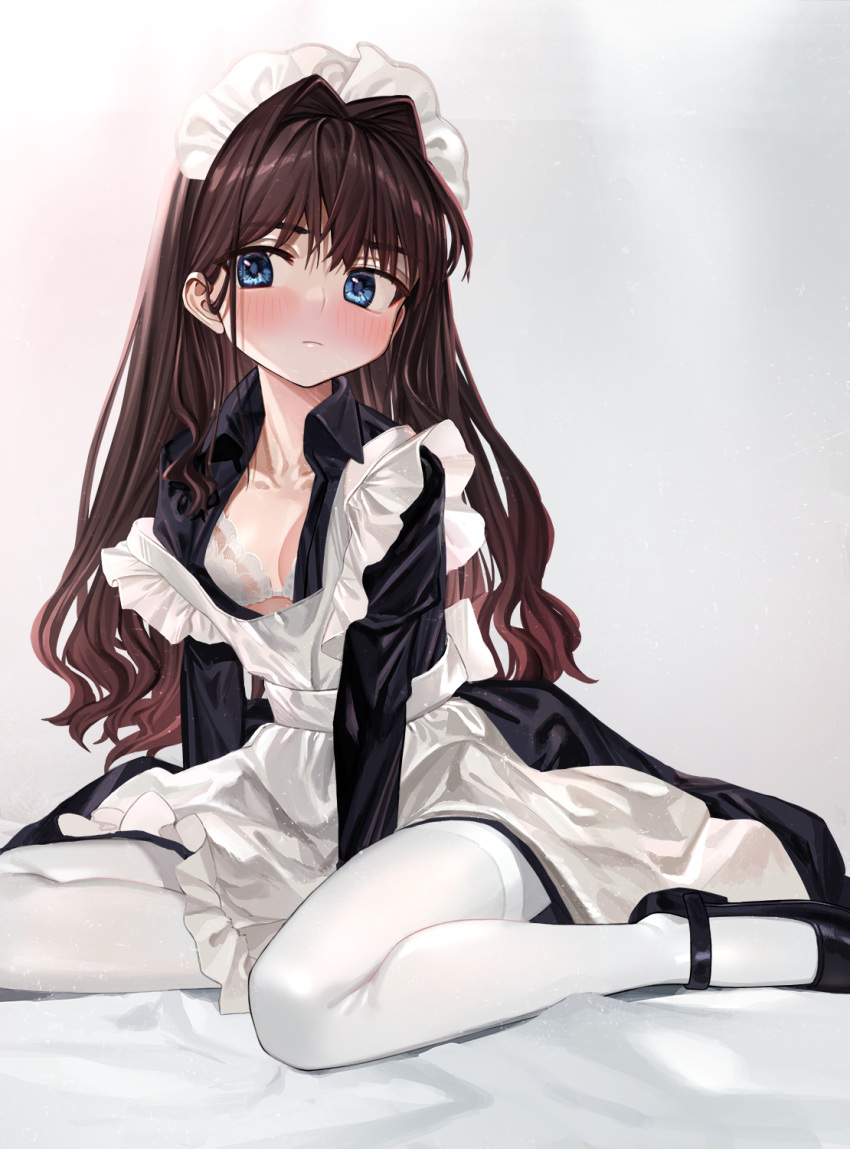 1girl alternate_costume apron bed_sheet black_dress black_footwear blue_eyes blush bra breasts brown_hair closed_mouth commentary dress elisia_valfelto enmaided eyebrows_visible_through_hair frown grey_background hair_intakes highres long_hair looking_at_viewer luicent maid maid_apron maid_headdress mary_janes medium_dress on_bed open_clothes open_dress original pantyhose shoes sitting small_breasts solo underwear white_apron white_bra white_legwear yokozuwari