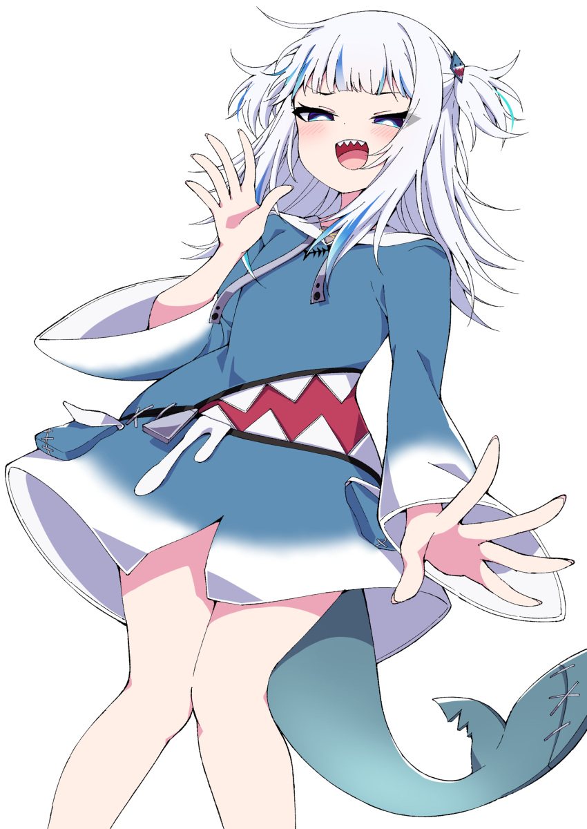 1girl :d absurdres blue_eyes blue_hair blue_jacket blush commentary_request fish_tail gawr_gura hand_up highres hololive hololive_english jacket legs long_sleeves multicolored_hair open_mouth shark_tail sharp_teeth short_hair simple_background smile solo standing tail teeth tsukimirin two-tone_hair upper_teeth virtual_youtuber white_background white_hair