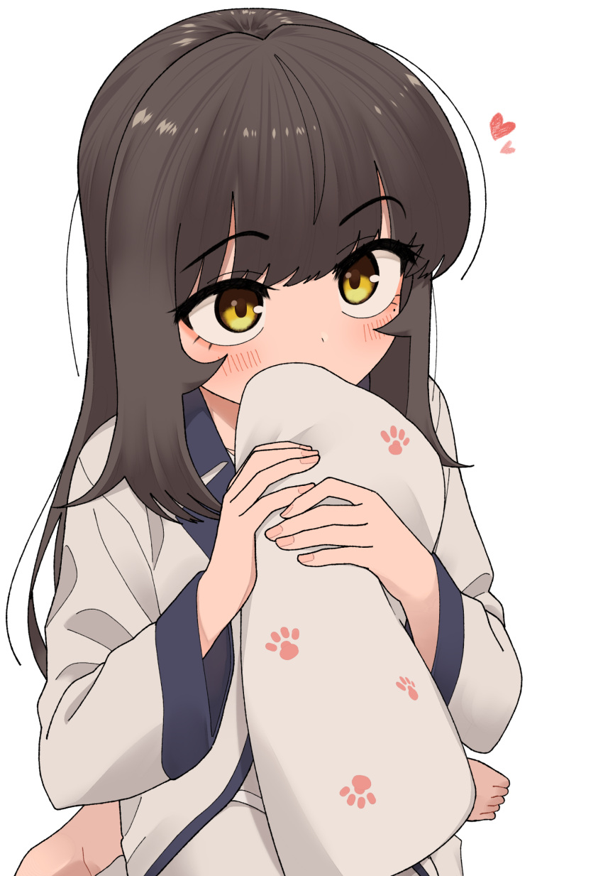 1girl bangs barefoot black_hair blush brown_eyes commentary_request copyright_request covered_mouth eyebrows_visible_through_hair heart highres holding holding_pillow korean_commentary long_hair long_sleeves nakta paw_print pillow simple_background sitting solo white_background wide_sleeves