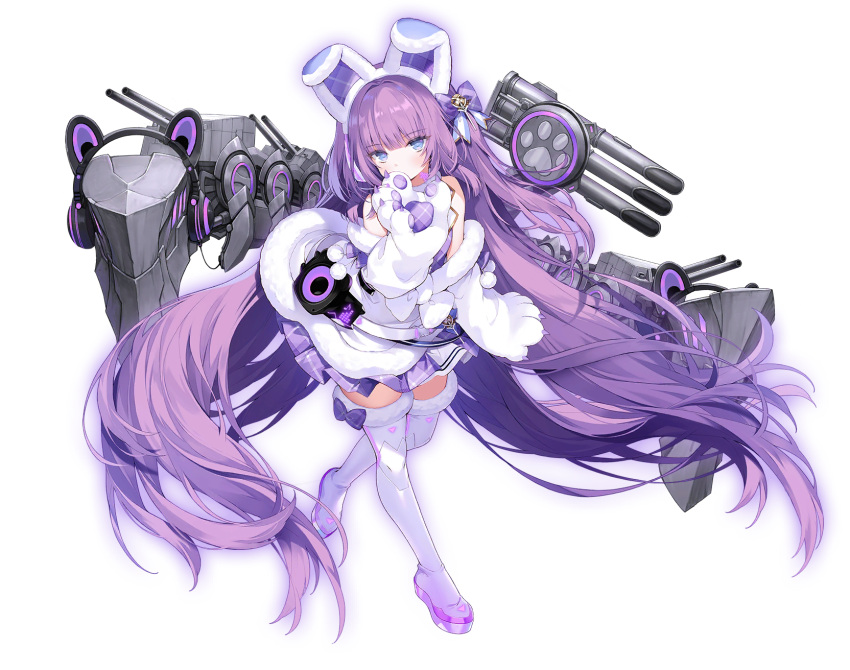 1girl absurdly_long_hair animal_ears azur_lane bare_shoulders blue_eyes boots bow byulzzi coat covering_mouth fake_animal_ears full_body fur_trim gloves hair_bow highres idol long_hair looking_at_viewer machinery miniskirt off_shoulder official_art paw_gloves paws pleated_skirt purple_hair purple_skirt shirt skirt sleeveless sleeveless_shirt solo stage tashkent_(azur_lane) tashkent_(muse)_(azur_lane) thigh-highs torpedo_launcher transparent_background turret two_side_up very_long_hair white_coat white_footwear zettai_ryouiki