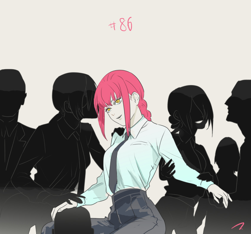 3boys 3girls bisexual_(female) black_neckwear black_pants braid braided_ponytail business_suit chainsaw_man collared_shirt couple formal harem light_smile long_hair long_sleeves makima_(chainsaw_man) matahei multiple_boys multiple_girls necktie office_lady pants quanxi_(chainsaw_man) redhead reze_(chainsaw_man) ringed_eyes shirt shirt_tucked_in silhouette smile suit white_shirt wife_and_wife_and_wife yellow_eyes