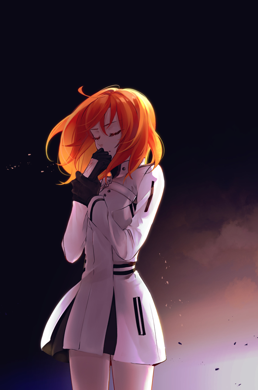 1girl ahoge black_gloves closed_eyes cowboy_shot dress fate/grand_order fate_(series) floating_hair fujimaru_ritsuka_(female) gloves highres long_hair orange_hair redrabbit44 shiny shiny_hair short_dress solo standing uniform white_dress