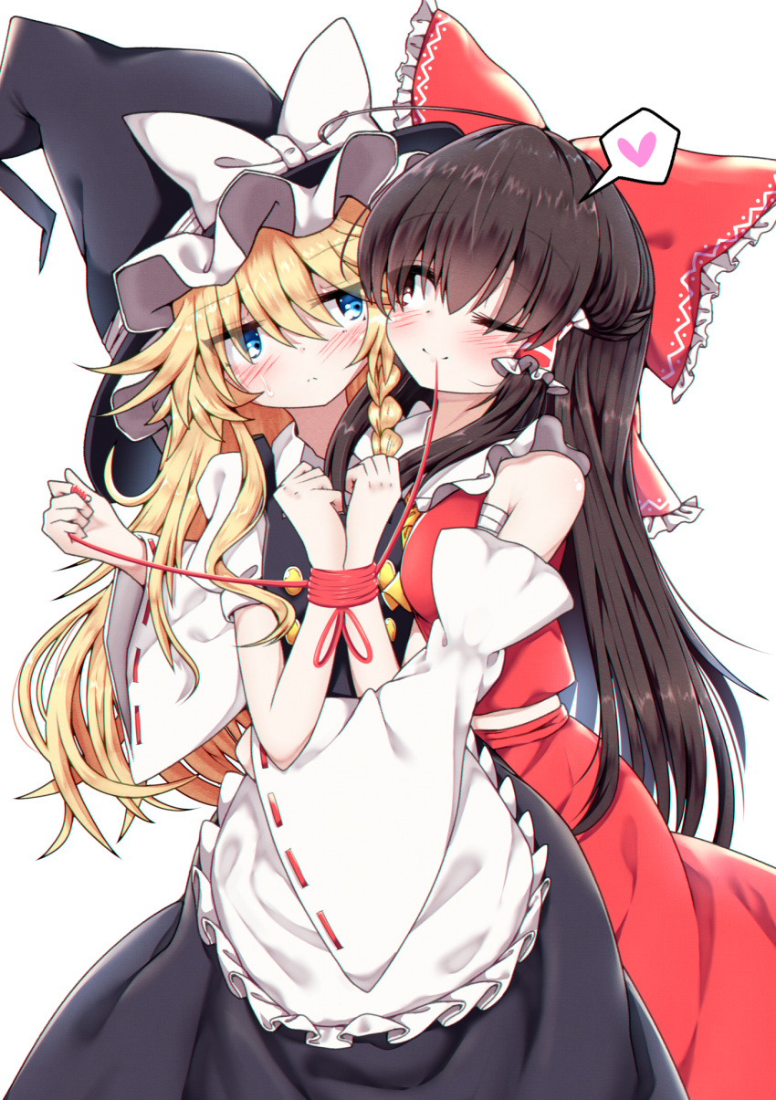 2girls apron black_hair blonde_hair blue_eyes blush bound bound_wrists bow brown_eyes commentary detached_sleeves eye_contact hair_bow hair_tubes hakurei_reimu hat hat_bow highres japanese_clothes kirisame_marisa long_hair looking_at_another miko multiple_girls one_eye_closed rankasei sarashi simple_background smile string string_in_mouth string_of_fate sweatdrop touhou very_long_hair white_background witch_hat yuri