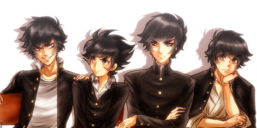 4boys black_hair creator_connection devilman fudou_akira gakuen_taikutsu_otoko gakuran getter_robo getter_robo_(1st_series) highres kabuto_kouji kinako_(nurupoga) mazinger_(series) mazinger_z multiple_boys nagare_ryoma saotome_mondo school_uniform short_hair smile trait_connection violence_jack