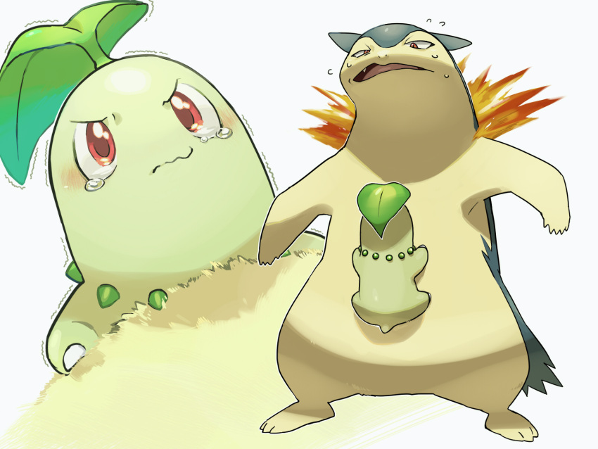 blush chikorita commentary_request donnpati fang fire flame gen_2_pokemon highres looking_at_another no_humans open_mouth paws pokemon pokemon_(creature) red_eyes standing tearing_up tongue typhlosion yellow_fur