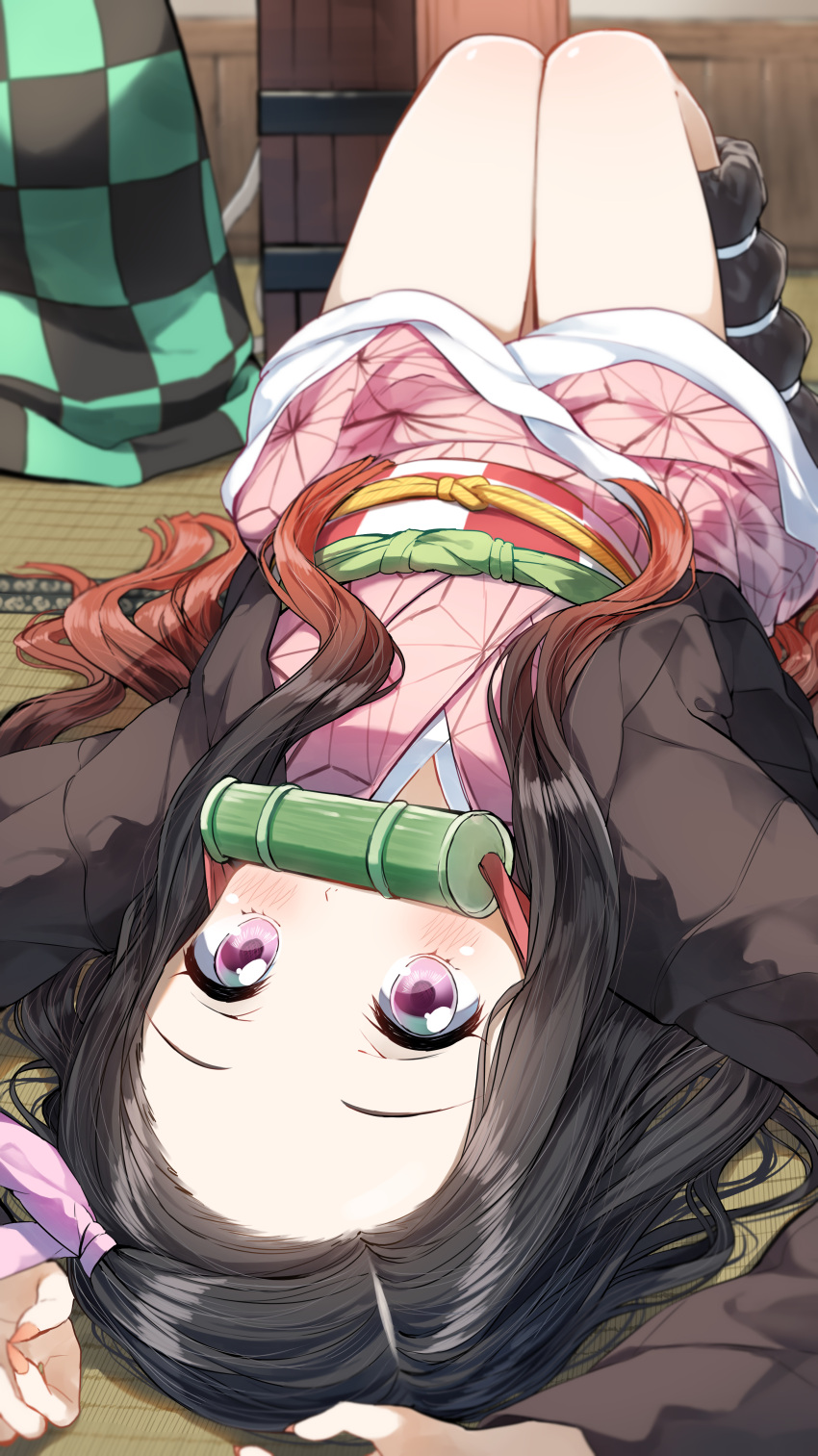 1boy 1girl absurdres arms_up bamboo bit_gag black_hair blush brown_hair checkered commentary_request forehead gag gradient_hair hair_ribbon highres indoors japanese_clothes kamado_nezuko kamado_tanjirou kimetsu_no_yaiba kimono knees_up long_hair long_sleeves lying mouth_hold multicolored_hair obi on_back on_floor open_clothes partial_commentary pentagon_(railgun_ky1206) pink_kimono pink_ribbon ribbon sash very_long_hair violet_eyes