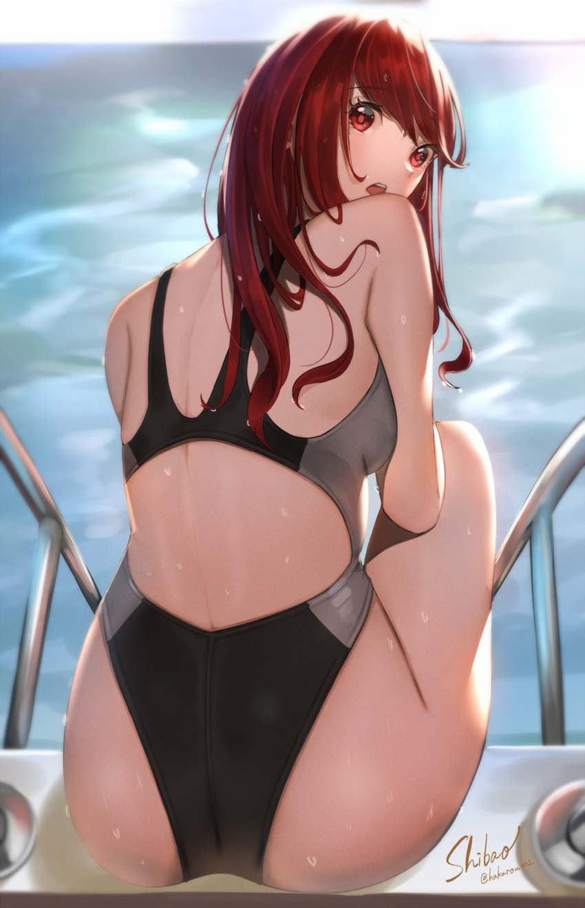 1girl ass back_cutout blurry blurry_background clothing_cutout competition_swimsuit eyebrows_visible_through_hair gedou_hakurou handrail highres long_hair looking_back one-piece_swimsuit open_mouth persona persona_5 persona_5_the_royal red_eyes redhead signature solo swimsuit twitter_username wet yoshizawa_kasumi