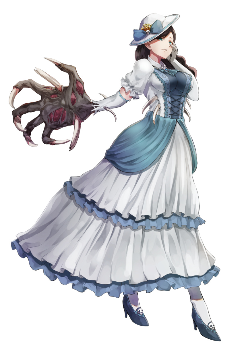 1girl 2ch bangs blue_bow blue_dress blue_footwear bone bow brown_hair claws commentary_request creature cross-laced_clothes detached_sleeves dress frills full_body gloves hand_on_own_cheek hasshaku-sama hat high_heels highres jojobirdz long_dress long_hair looking_at_viewer monster_girl parted_lips shoes solo very_long_hair white_dress white_headwear white_legwear white_sleeves