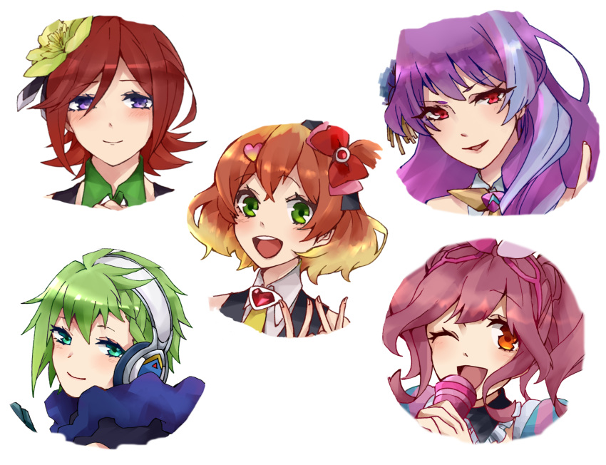 5girls aqua_eyes double_v freyja_wion green_eyes green_hair highres kaname_buccaneer kisa_(kisa-kisa5900) macross macross_delta makina_nakajima mikumo_guynemer multiple_girls one_eye_closed open_mouth orange_hair purple_hair redhead reina_prowler v violet_eyes walkure_(macross_delta) white_background