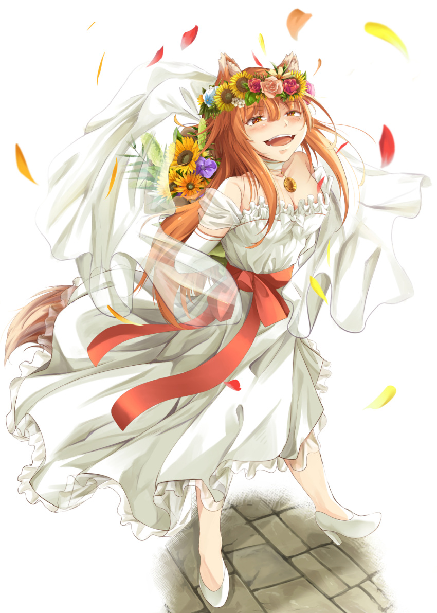 1girl animal_ears bouquet brown_eyes brown_hair choker elbow_gloves eyebrows_visible_through_hair fangs flower gloves head_wreath high_heels highres holo mahimaru rose spice_and_wolf sunflower upper_teeth