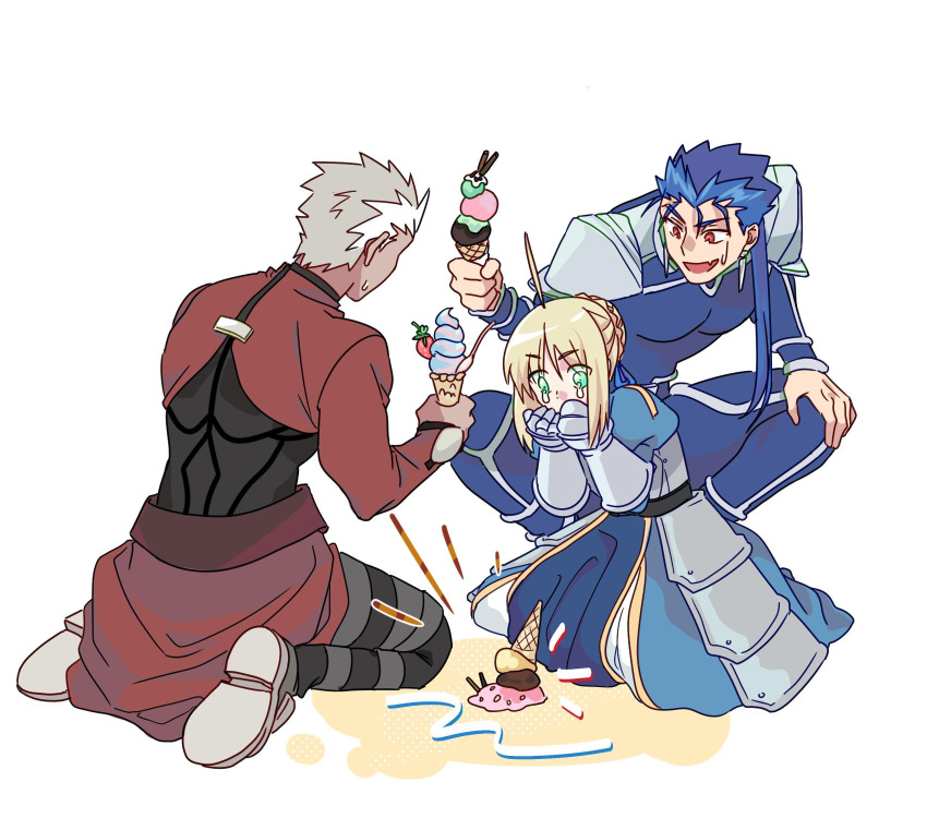 1girl 2boys ahoge archer artoria_pendragon_(all) blonde_hair blue_hair crying cu_chulainn_(fate)_(all) fate/stay_night fate_(series) food green_eyes hands_on_own_cheeks hands_on_own_face highres ice_cream ice_cream_cone ice_cream_cone_spill kneeling korean_commentary lancer looking_down multiple_boys red_eyes redmin_0415 saber sad simple_background sweatdrop tears white_background white_hair