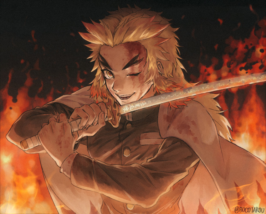 1boy :d ;d black_background black_jacket blonde_hair blood blood_on_face bocotarou cape fire holding holding_sword holding_weapon jacket katana kimetsu_no_yaiba long_sleeves military military_uniform multicolored_hair one_eye_closed open_mouth orange_hair rengoku_kyoujurou smile solo sword twitter_username two-tone_hair uniform upper_body weapon white_cape yellow_eyes