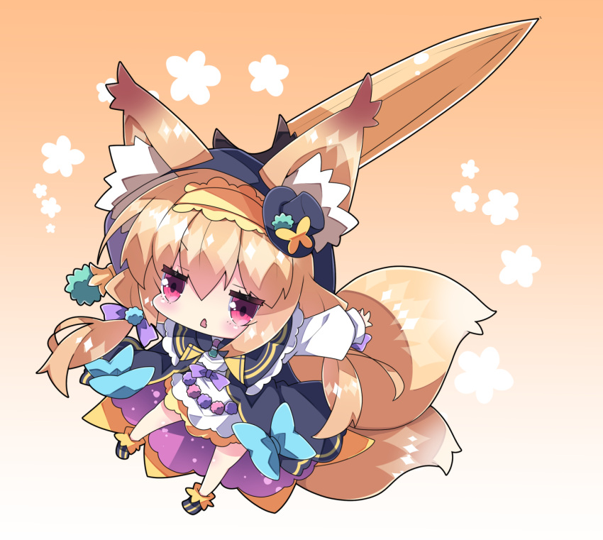 1girl animal_ear_fluff animal_ears bangs black_headwear black_jacket blush brown_background brown_hair chibi commentary_request dress eyebrows_visible_through_hair fang floral_background flower_knight_girl fox_ears fox_girl fox_tail full_body gradient gradient_background hair_between_eyes hairband hat highres jacket kitsune kitsune_no_botan_(flower_knight_girl) long_hair long_sleeves milkpanda mini_hat multiple_tails open_clothes open_jacket parted_lips puffy_long_sleeves puffy_sleeves red_eyes sleeves_past_wrists solo sword tail tilted_headwear two_tails very_long_hair weapon white_background white_dress yellow_hairband