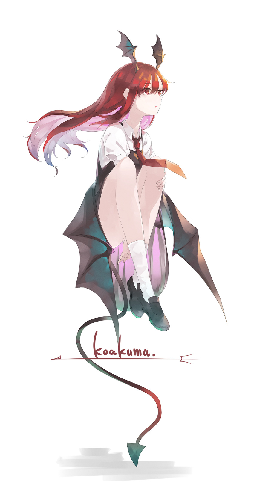 1girl :o bat_wings black_dress black_footwear character_name commentary_request demon_tail dress dress_shirt expressionless eyebrows_visible_through_hair floating floating_hair full_body hair_between_eyes head_wings highres juliet_sleeves koakuma leg_hug loafers long_hair long_sleeves low_wings necktie o_(crazyoton46) pinafore_dress puffy_sleeves red_eyes red_neckwear redhead shadow shirt shoes sleeveless sleeveless_dress socks tail tail_stand touhou white_legwear wings