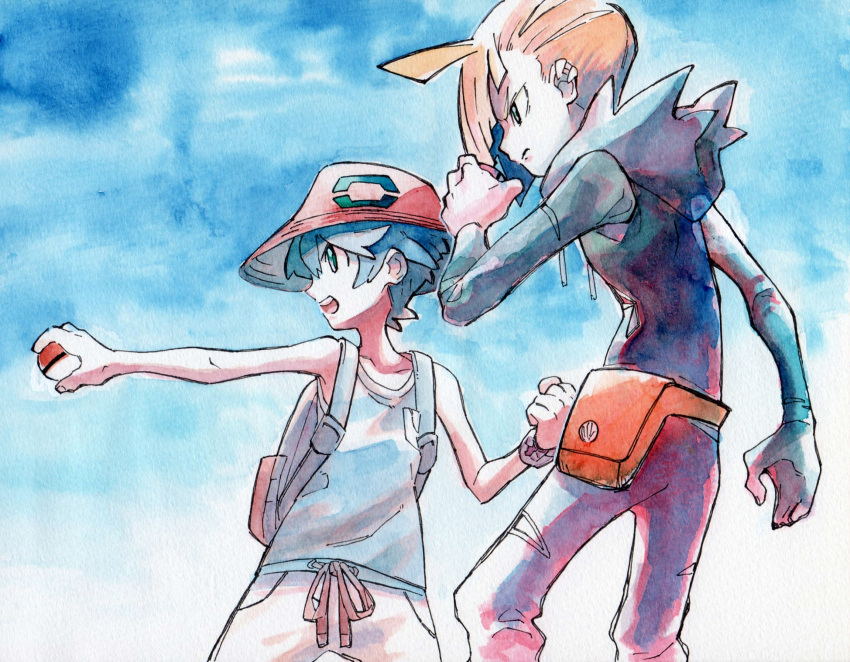 2boys backpack bag bangs black_hair black_hoodie blonde_hair blue_tank_top clenched_hand closed_mouth commentary_request donnpati elio_(pokemon) fanny_pack gladion_(pokemon) hand_up hat highres holding holding_poke_ball hood hoodie long_sleeves male_focus multiple_boys open_mouth pants poke_ball pokemon pokemon_(game) pokemon_usum red_headwear ribbon tank_top teeth tongue