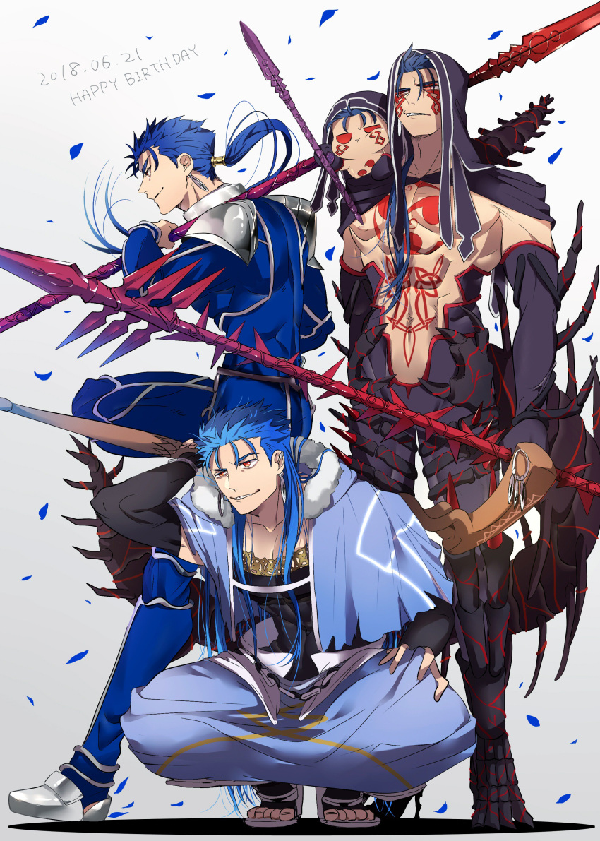 3boys abs absurdres angry armor beads biceps blue_hair bodypaint bodysuit bracelet capelet chibi closed_mouth confetti cu_chulainn_(fate)_(all) cu_chulainn_(fate/grand_order) cu_chulainn_alter_(fate/grand_order) dark_blue_hair dark_persona dated earrings elbow_gloves english_text fate/grand_order fate/stay_night fate_(series) from_side frown full_body fur fur-trimmed_hood fur_trim gae_bolg gloves hair_beads hair_ornament happy_birthday harem_pants highres holding holding_weapon hood hood_down hooded_capelet jewelry long_hair male_focus mini_cu-chan monster_boy multiple_boys multiple_persona muscle pants pauldrons polearm ponytail red_eyes sandals shirtless shoulder_armor skin_tight smile spear spikes spiky_hair squatting staff tail type-moon weapon wooden_staff yuu_(guruko)