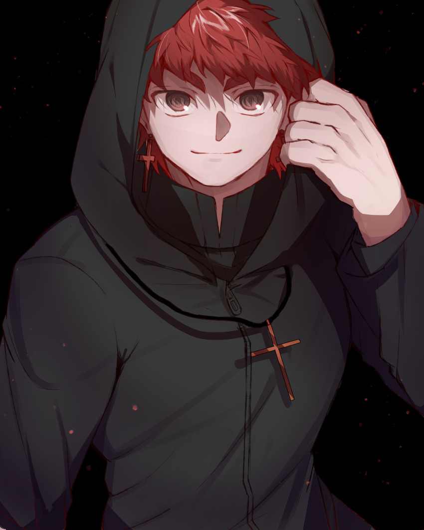 1boy absurdres black_background brown_eyes commentary_request creat cross cross_earrings cross_necklace earrings emiya_shirou fate/stay_night fate_(series) highres hood hood_up jewelry kotomine_shirou_(fanfic) looking_at_viewer necklace redhead simple_background smile what_if zipper