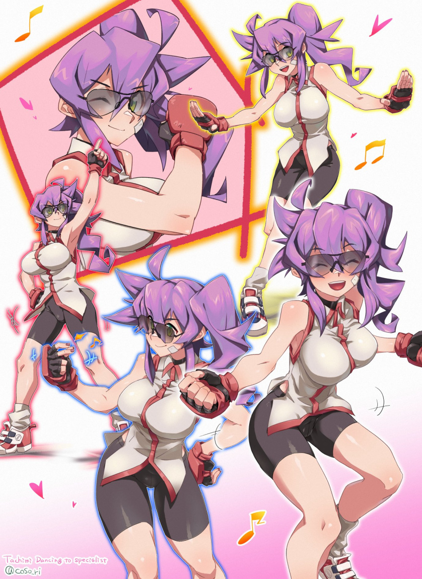 1girl bandage_on_face bandages bandaid bare_shoulders bike_shorts black_shorts blush breasts closed_mouth coso-ri dancer dancing fingerless_gloves glasses glove_in_mouth gloves green_eyes gym_shorts hair_between_eyes highres large_breasts long_hair looking_at_viewer mouth_hold music open_mouth original piledriver purple_hair shirt shoes short_hair shorts side_ponytail sleeveless sleeveless_shirt smile sneakers socks sweat sweating_profusely thigh-highs torn_clothes torn_shorts umizakura_tachimi