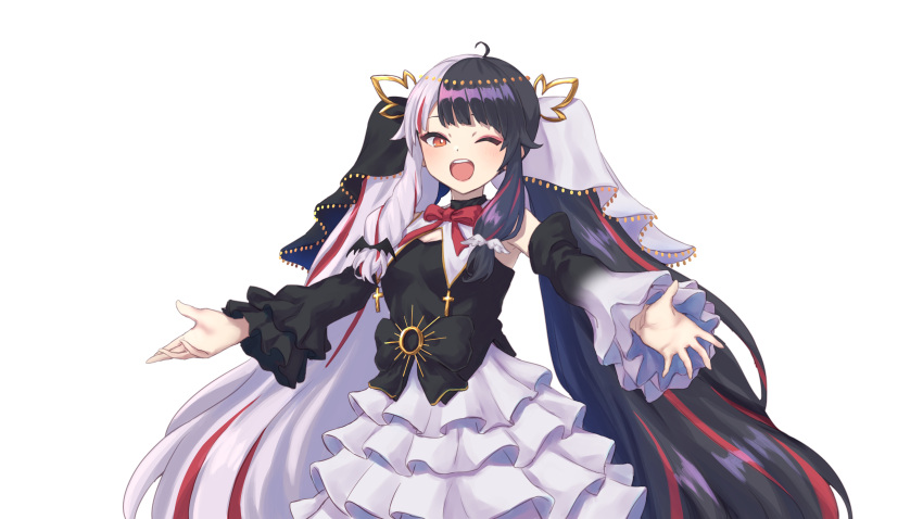 1girl ;d absurdres ahoge black_choker black_hair black_shirt bow breasts brown_eyes choker detached_sleeves g9_(jiiku) gradient gradient_sleeves highres layered_skirt long_hair long_sleeves looking_at_viewer multicolored_hair nijisanji one_eye_closed open_mouth pleated_skirt red_bow redhead shirt silver_hair simple_background skirt small_breasts smile solo streaked_hair twintails two-tone_hair upper_teeth very_long_hair virtual_youtuber white_background white_skirt white_sleeves wide_sleeves yorumi_rena