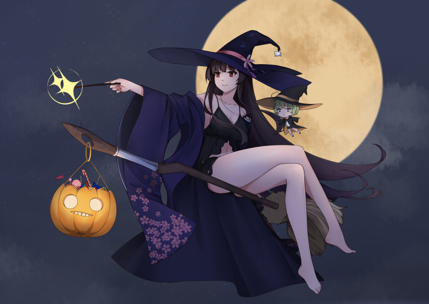 1girl akagi_(warship_girls_r) alternate_costume babydoll black_babydoll black_hair breasts broom broom_riding candy candy_wrapper collarbone food halloween halloween_bucket halloween_costume hat highres holding_water jack-o'-lantern japanese_clothes kimono large_breasts lollipop long_hair niejianli open_clothes open_kimono purple_kimono red_eyes sidesaddle very_long_hair warship_girls_r wide_sleeves witch witch_hat