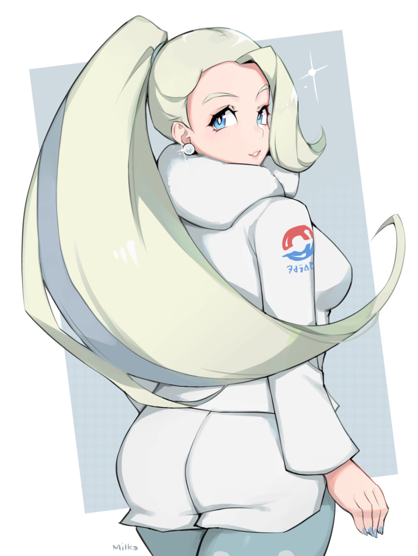1girl alternate_hairstyle blue_eyes breasts commentary earrings eyelashes green_hair gym_leader hair_tie highres jewelry legwear_under_shorts long_hair looking_at_viewer looking_back mature melony_(pokemon) milka_(milk4ppl) nail_polish pantyhose parted_lips pokemon pokemon_(game) pokemon_swsh scarf shorts solo tied_hair white_scarf