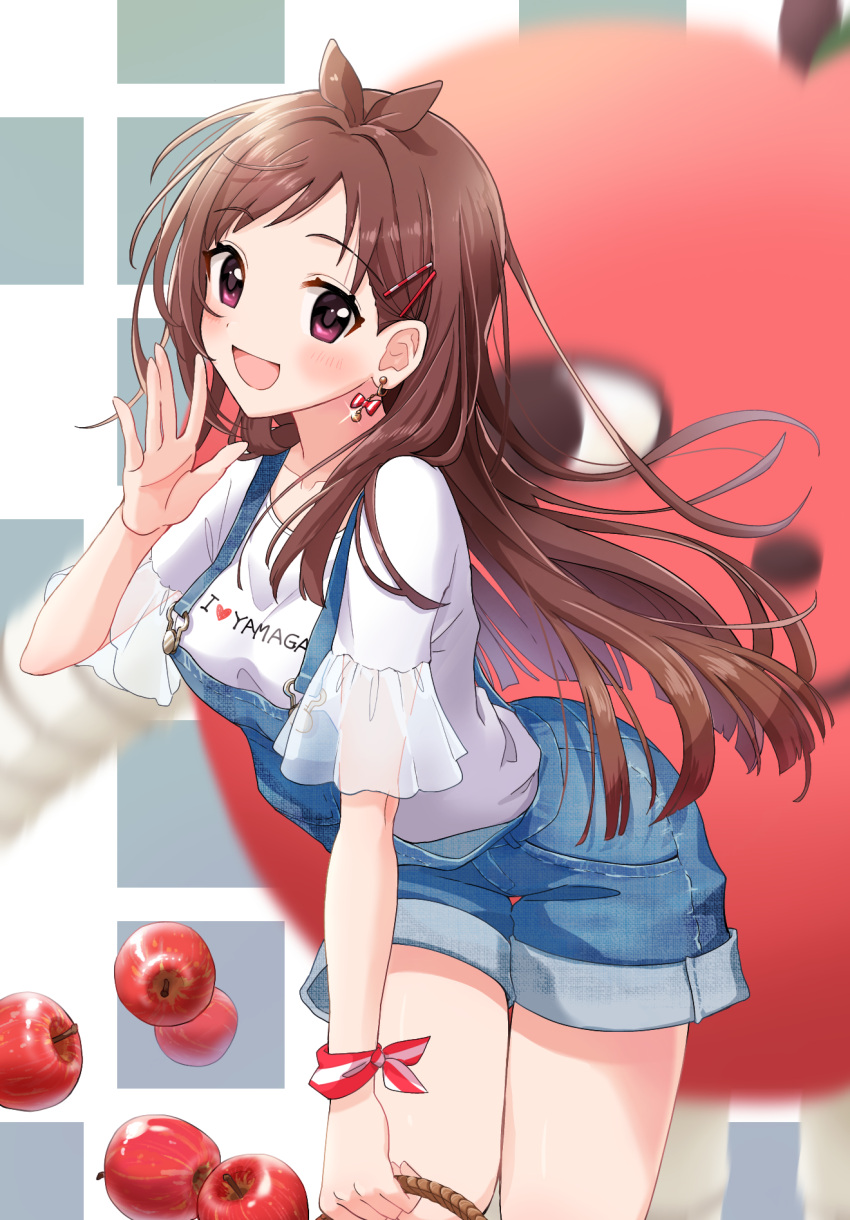 1girl :d apple bangs basket blue_overalls blurry blurry_background brown_hair commentary cowboy_shot denim depth_of_field earrings english_text eyebrows_visible_through_hair food fruit hair_ornament hairclip hand_to_own_mouth heart highres holding holding_basket idolmaster idolmaster_cinderella_girls jewelry leaning_forward long_hair looking_at_viewer nasubi_(1ra1ri1ko2cho1mi2na) open_mouth overall_shorts overalls see-through shirt short_sleeves smile solo sparkle standing tsujino_akari violet_eyes white_shirt