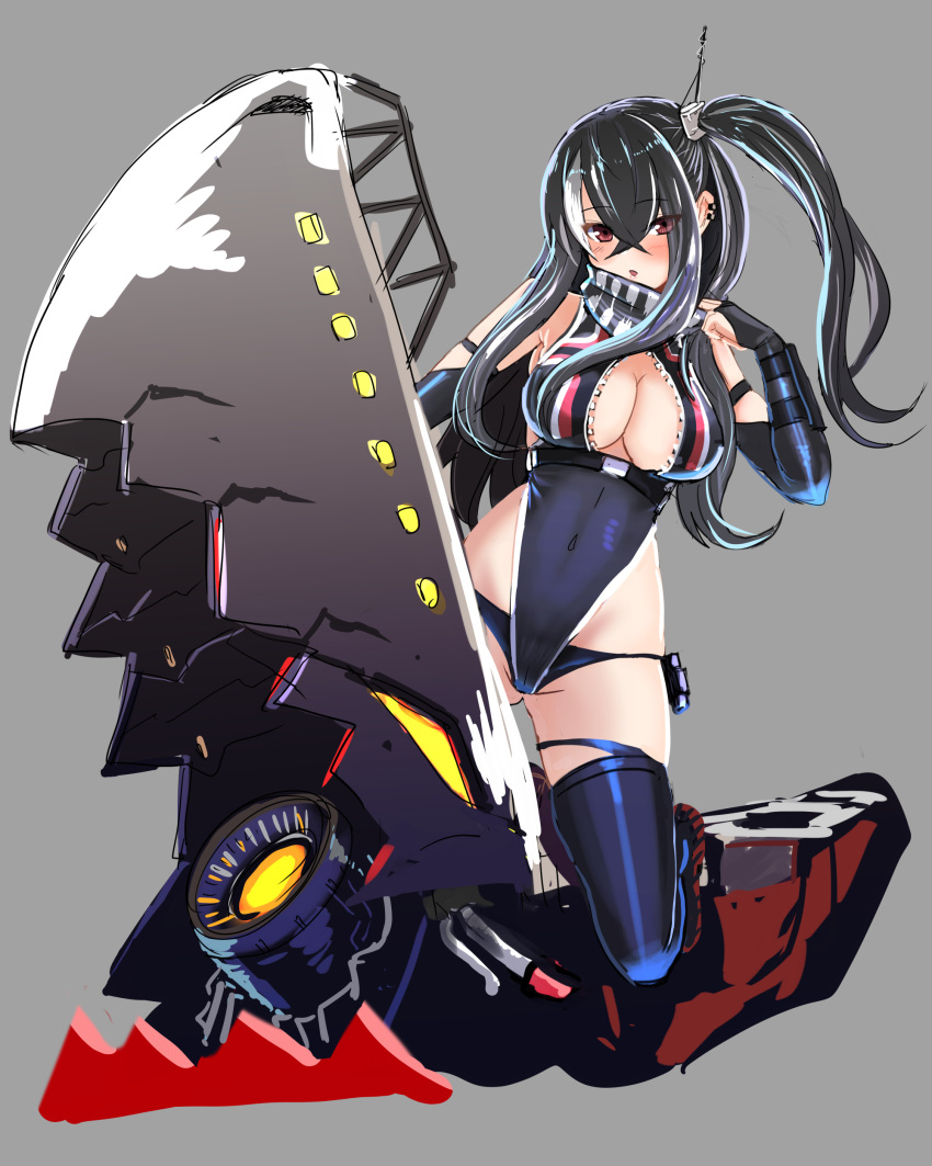 1girl absurdres azur_lane bandana_over_mouth bangs black_hair black_legwear black_panties black_swimsuit breasts center_opening crossed_bangs earrings eyebrows_visible_through_hair front_zipper_swimsuit full_body grey_background hair_over_one_eye hey_taisyou highres jewelry large_breasts looking_at_viewer mechanical_animal meme_attire multicolored_hair one-piece_swimsuit panties panties_under_swimsuit red_eyes side_ponytail simple_background skindentation solo streaked_hair swimsuit thigh-highs two-tone_hair u-47_(azur_lane) underwear unzipped white_hair