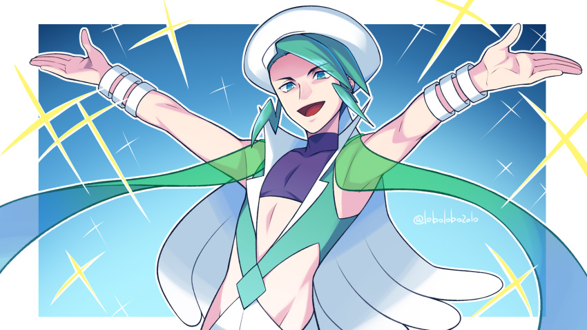 1boy arms_up artist_name bracelet commentary_request green_eyes green_hair hat highres jewelry lobolobo2010 male_focus open_mouth pokemon pokemon_(game) pokemon_oras solo sparkle tongue upper_body wallace_(pokemon) watermark white_headwear