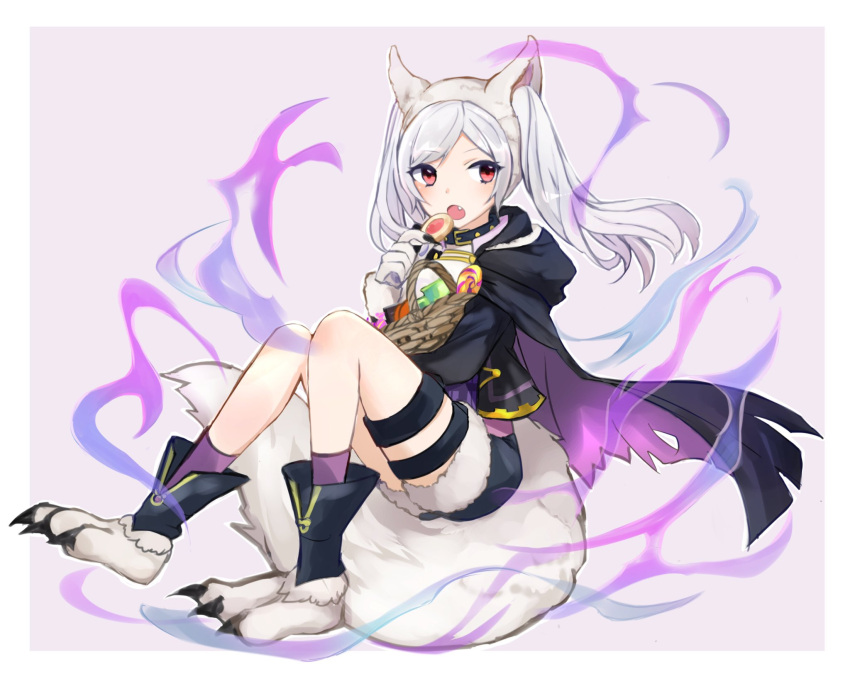 1girl animal_ears aura candy cookie dark_aura fire_emblem fire_emblem_awakening fire_emblem_heroes food fur_trim gloves grima_(fire_emblem) halloween_costume highres holding lollipop long_hair open_mouth paw_gloves paws puni_y_y red_eyes robin_(fire_emblem) robin_(fire_emblem)_(female) shorts simple_background solo tail thigh_strap twintails white_hair wolf_ears wolf_tail