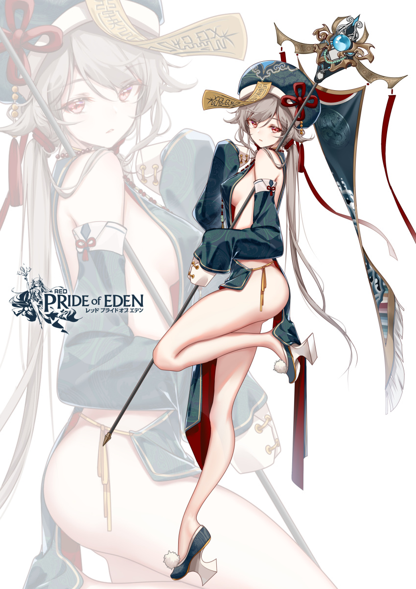1girl absurdres alternate_costume bangs breasts clouble detached_sleeves eyebrows_visible_through_hair grey_hair hair_ornament hat high_heels highres holding holding_staff leg_up long_hair looking_at_viewer medium_breasts no_panties official_art parted_lips red:_pride_of_eden red_eyes shaw_(pride_of_eden) side-tie_costume sideboob sidelocks sleeves_past_fingers sleeves_past_wrists slit_pupils solo staff thigh-highs thighs zoom_layer