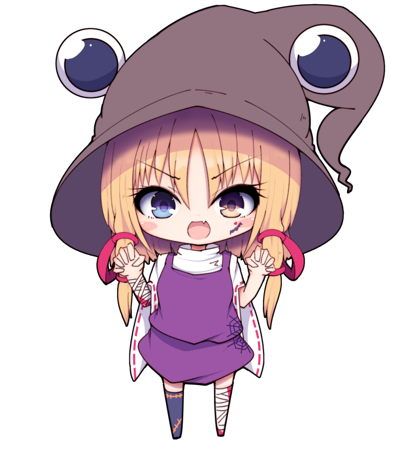 1girl ankle_wrap arm_wrap asymmetrical_legwear asymmetrical_sleeves bandages bat blonde_hair blood bloody_clothes blue_eyes brown_eyes brown_headwear chibi claw_pose commentary_request darumoon eyebrows_visible_through_hair fang hair_ribbon halloween halloween_costume hat heart heterochromia highres looking_at_viewer moriya_suwako open_mouth purple_skirt purple_vest ribbon short_hair_with_long_locks simple_background single_thighhigh skin_fang skirt solo spider_web_print thigh-highs touhou vest white_background white_sleeves wide_sleeves