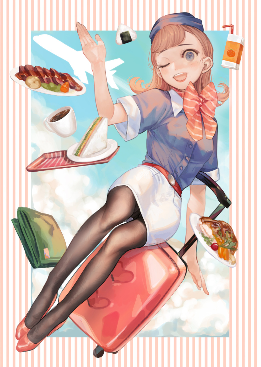 1girl absurdres aircraft airplane belt blue_eyes blue_headwear blue_shirt blush bow bowtie breasts coffee cup food hat highres juice_box light_brown_hair long_hair luggage medium_breasts mizutame_tori one_eye_closed onigiri open_mouth original pantyhose plate red_footwear red_neckwear rolling_suitcase sandwich shirt short_sleeves skirt solo striped striped_neckwear tights_day tray uniform white_skirt