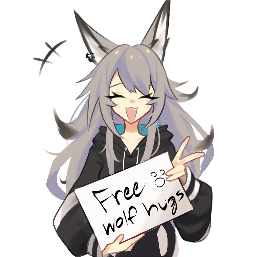 1girl ^_^ absurdres animal_ears closed_eyes english_text fang free_hugs ghost_(tama) highres long_hair open_mouth original smile solo v white_background wolf_ears wolf_girl