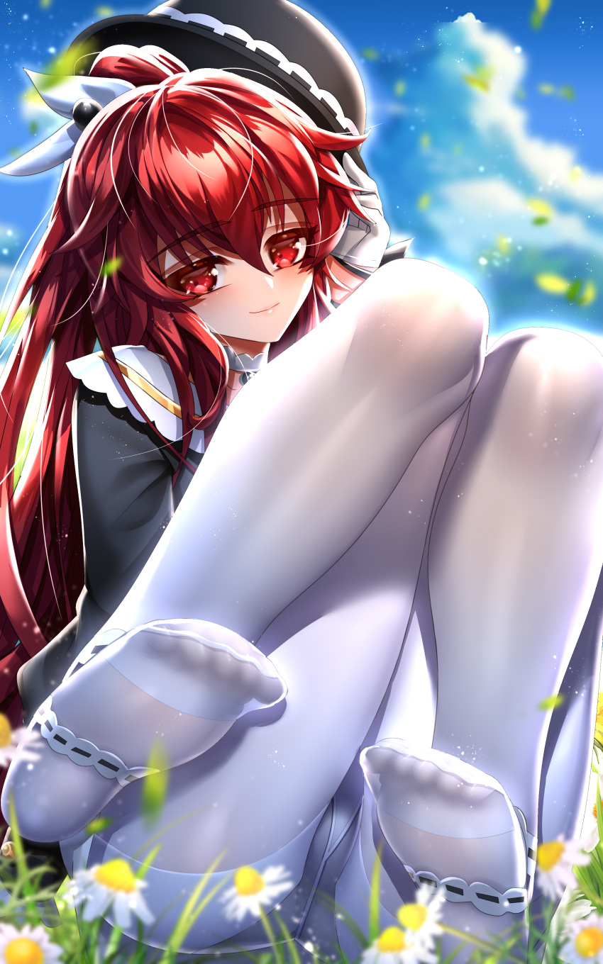 1girl absurdres bag been black_shirt blue_background bow choker closed_mouth daisy day elesis_(elsword) elsword eyebrows_visible_through_hair flower hair_between_eyes hair_bow highres jewelry long_hair looking_at_viewer outdoors panties panties_under_pantyhose pantyhose pendant red_eyes redhead shiny shiny_hair shirt sitting smile solo sparkle tied_hair underwear very_long_hair white_bow white_choker white_flower white_legwear