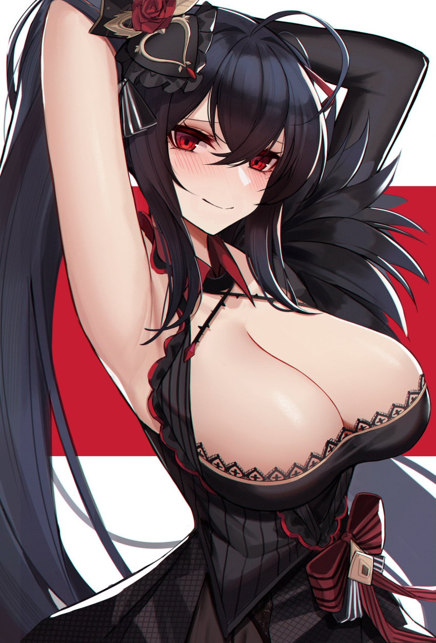 1girl ahoge armpits arms_behind_back arms_up azur_lane bangs black_dress black_hair blush bow breasts closed_mouth dress eternity_(shadeh) eyebrows_visible_through_hair feather_trim flower hair_between_eyes hair_flower hair_ornament highres large_breasts long_hair looking_at_viewer ponytail red_bow red_eyes red_flower red_rose rose smile solo striped striped_bow taihou_(azur_lane) two-tone_background upper_body very_long_hair