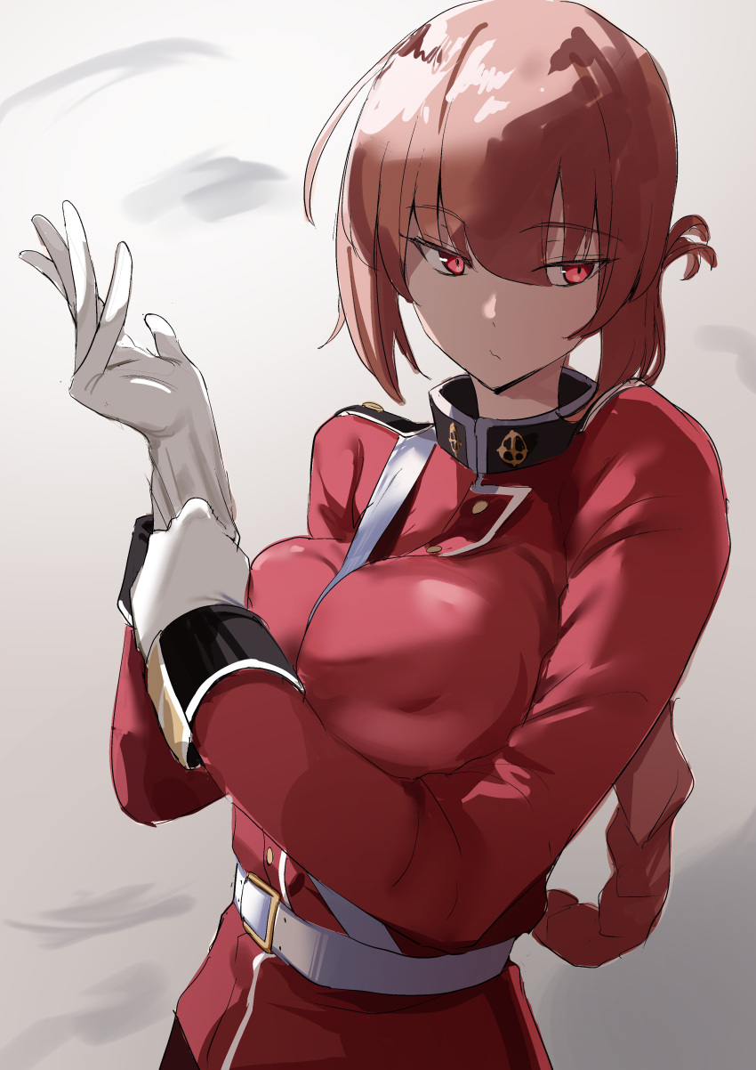 1girl absurdres bangs belt between_breasts breasts commentary_request eyebrows_visible_through_hair fate/grand_order fate_(series) florence_nightingale_(fate/grand_order) gloves hair_between_eyes highres jacket manno_(kanpi2100) pink_hair putting_on_gloves red_eyes red_jacket sidelocks strap white_belt white_gloves