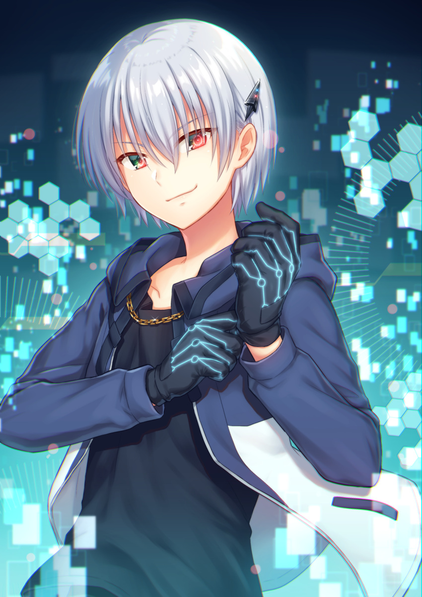1boy adjusting_clothes adjusting_gloves bangs black_gloves black_shirt blue_jacket character_request closed_mouth collarbone commentary_request eyebrows_visible_through_hair gloves hair_between_eyes headgear highres hood hood_down hooded_jacket jacket kamisama_ni_natta_hi long_sleeves looking_at_viewer male_focus nakamura_hinato open_clothes open_jacket red_eyes shirt silver_hair smile smirk solo
