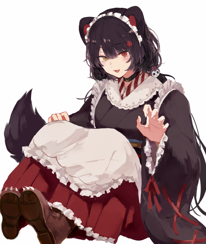 1girl :d animal_ears black_hair claw_pose commentary_request dog_ears fang heterochromia highres inui_toko long_hair looking_at_viewer maid_headdress mochidash nijisanji open_mouth red_eyes simple_background sitting smile solo virtual_youtuber wa_maid white_background wide_sleeves yellow_eyes