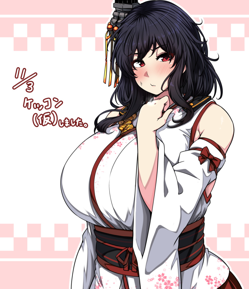 1girl alternate_breast_size blush breasts commentary_request detached_sleeves floral_print hair_ornament headgear highres huge_breasts japanese_clothes jewelry kantai_collection konoshige_(ryuun) nontraditional_miko obi red_eyes remodel_(kantai_collection) ring sash short_hair solo upper_body wedding_band wide_sleeves yamashiro_(kantai_collection)